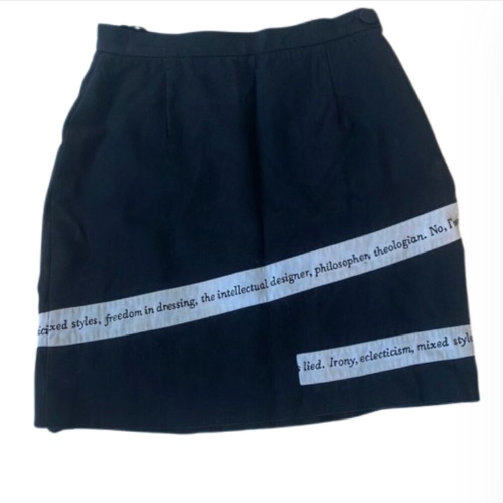Vintage Moschino Cheap and Chic ‘80s miniskirt black rayon word print poetry 6